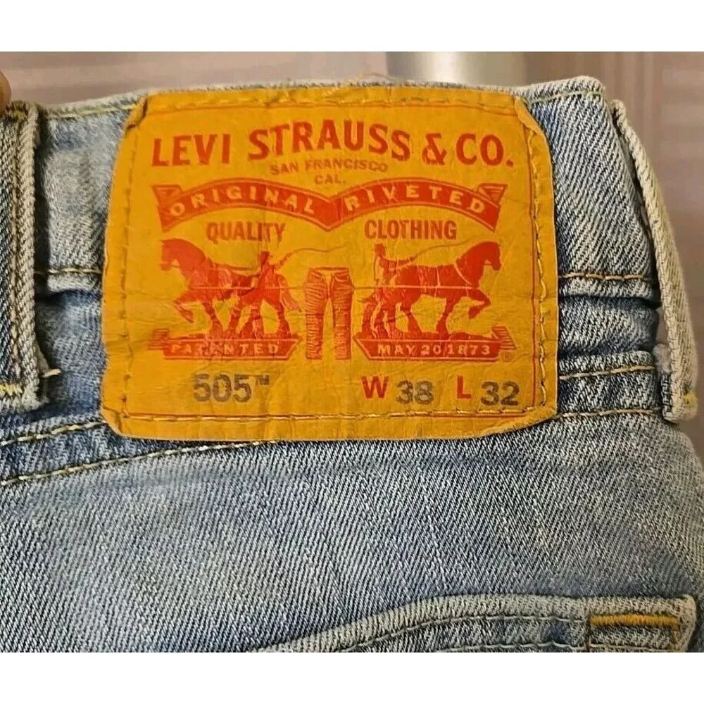 Levis 505 Jeans Men‎ 38X32 Blue Light Wash Denim Straight Stretch Pants Workwear